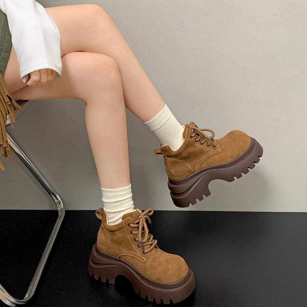 Maillard Brown Retro Thick-soled Thick-heeled Martin Boots Women's 2025 New Autumn Small Height-increasing Short Boots