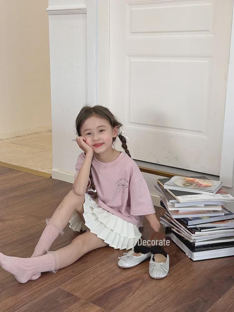 Lockeres T-Shirt-Kleid im koreanischen Stil für Mädchen mit Schleife auf der Rückseite – kurzärmlige Sommerkleidung, mittlere Größe