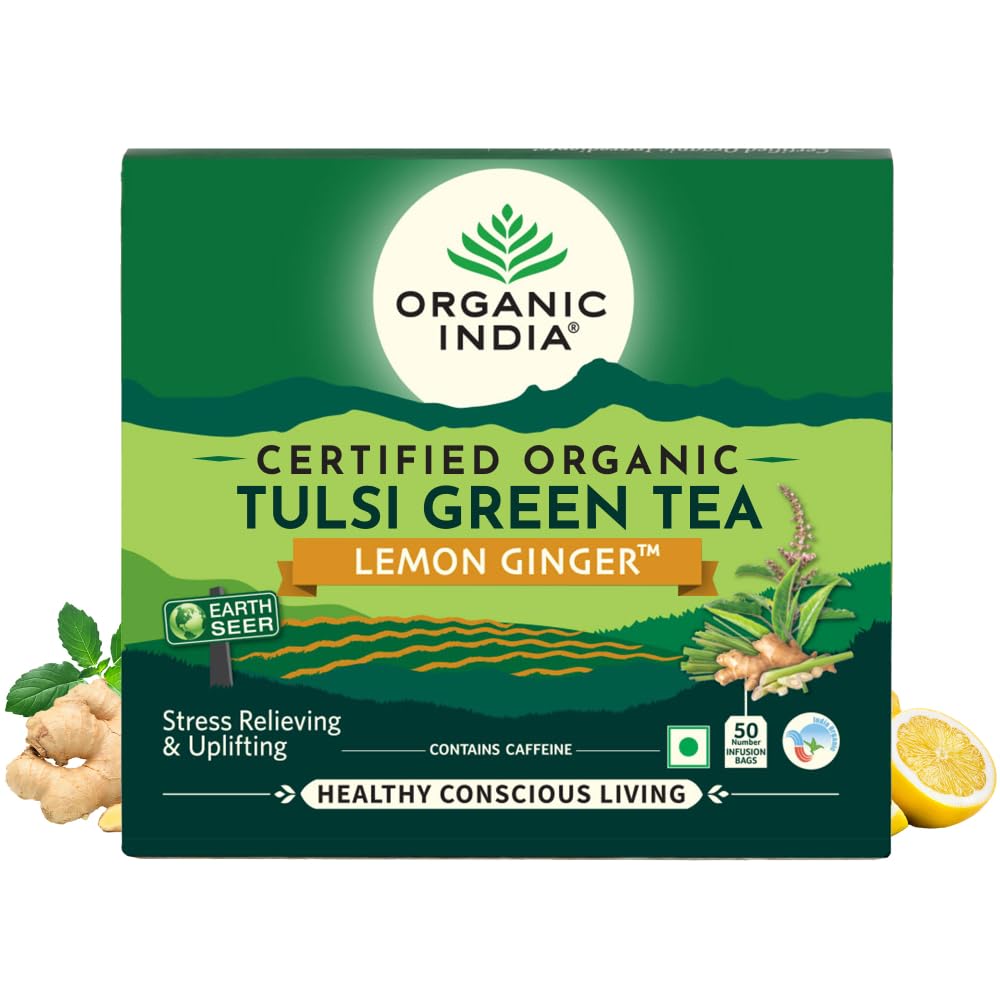

ORGANIC INDIA Тулси Зеленый чай Лимон Имбирь 50 пакетиков Снятие стресса Укрепление иммунитета Антиоксидант Энергия Настроение
