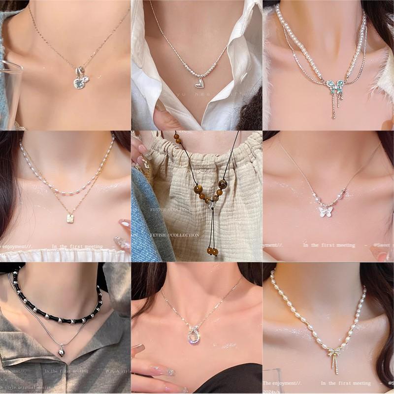 Korean Style Pearl Butterfly Necklace Women Luxury Lightweight Versatile Sweater Chain Jewelry
