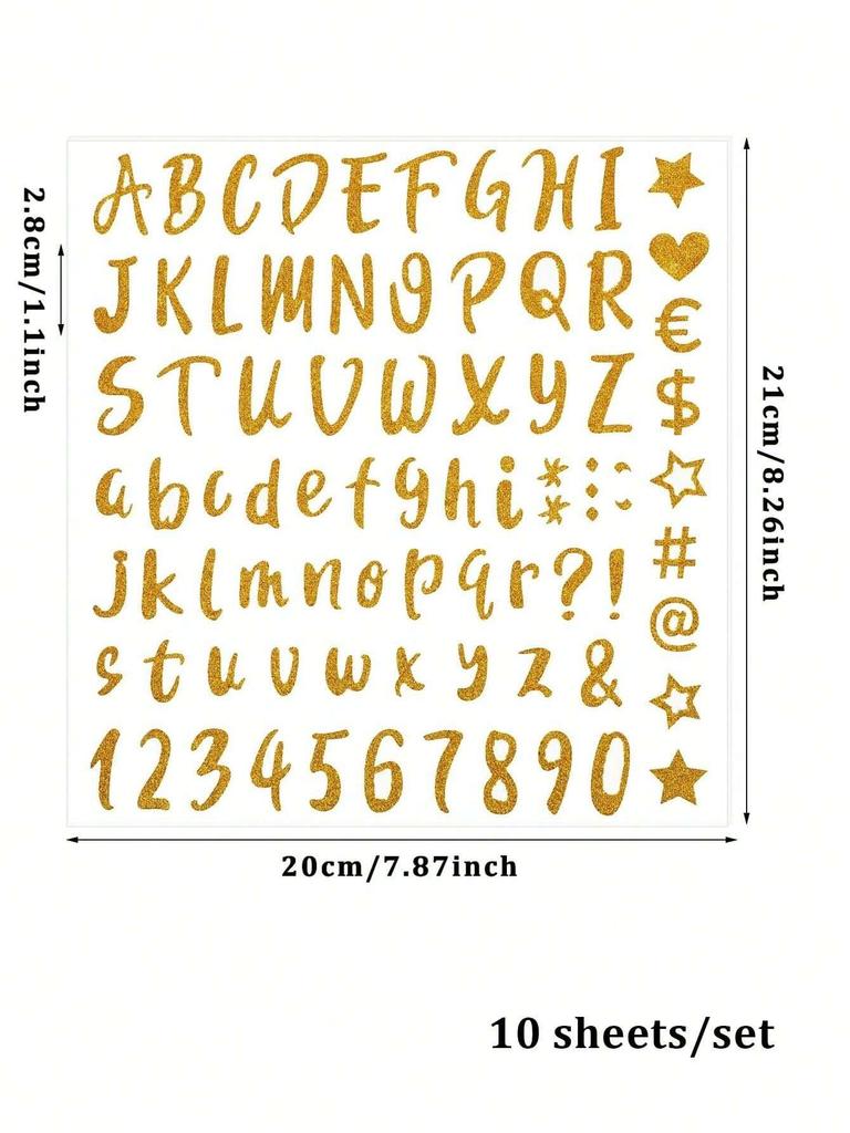 10sheets Gold Color Letter Stickers, 1-Inch Shiny Adhesive Letter & Number Stickers
