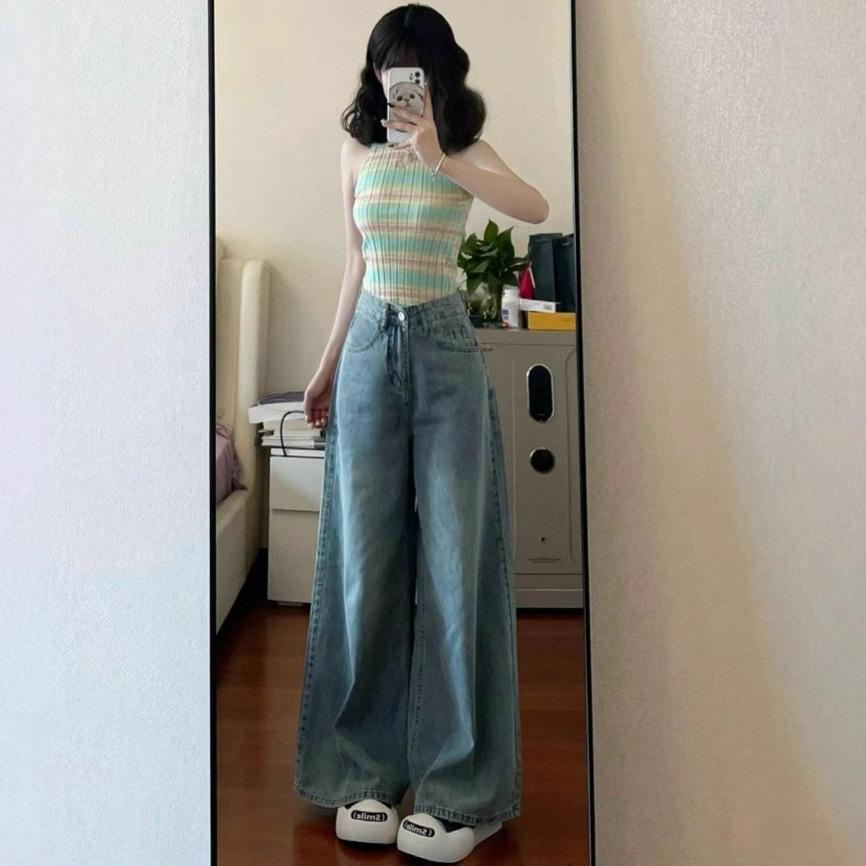 Hunderte von Straight Jeans Damen Sommer High-waisted Skinny Weitbeinige Hosen Locker Fallend Schleppende Bodenhosen Retro Baggy Lange Jeans für Damen