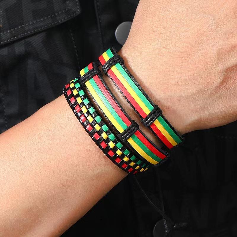 New 6-piece set TEMU hot-selling punk style red, green and yellow hand-woven leather bracelet men's bracelet