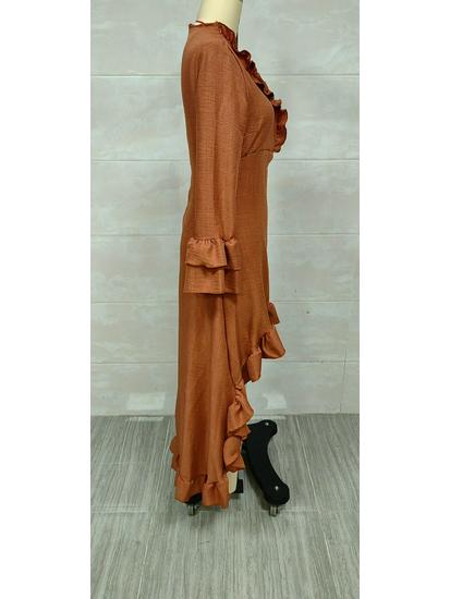 Women's Bohemian Pleated Ruffle Hem V-Neck Maxi Dress
