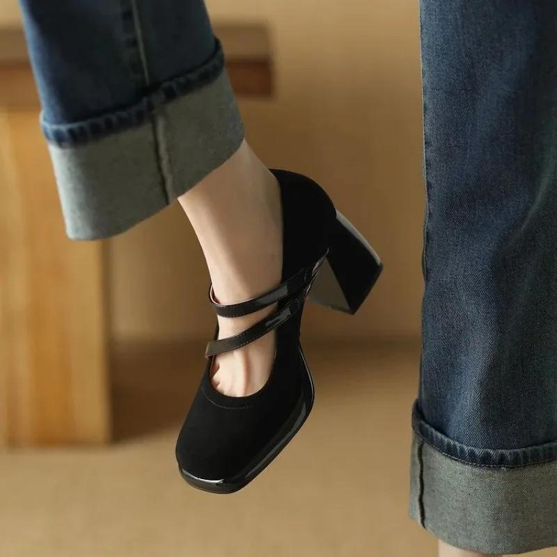 

Comfortable Retro French High Heels Women s Chunky Mary Jane Shoes Spring New All-Match Square Head Single Shoes Rubber Sole 35