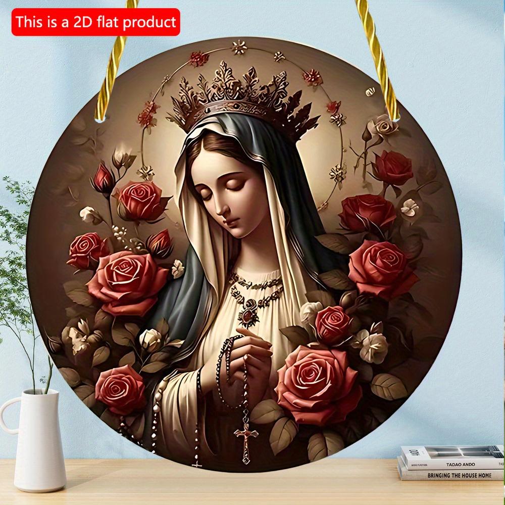 2D Flat 20cm1pc Virgin Mary Round Wooden Wall Hanging Decor, Rose Wreath Design Multifunctional Waterproof Home Decor Su