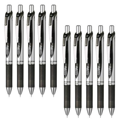 Pentel Gel Ink Energel Knock Ballpoint Silver 10 Pens Pen, 0.5mm, Barrel, Black, BLN75Z-A,