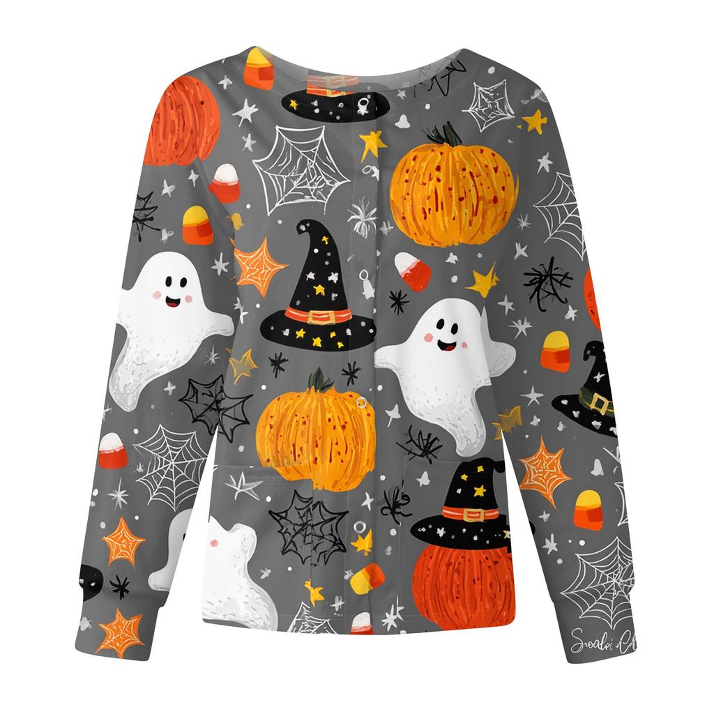 Women's Casual Fashion Long Sleeve Standing Collar Single Breasted Halloween Printed Workwear Jacket Tops