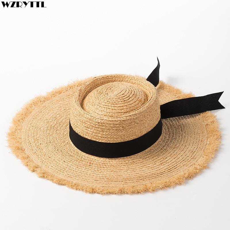 Natural Raffia Hats Women Girl Summer Wide Brim Beach Hat Black Band Ribbon Straw Hat Lady Derby Panama Sun Visor Cap