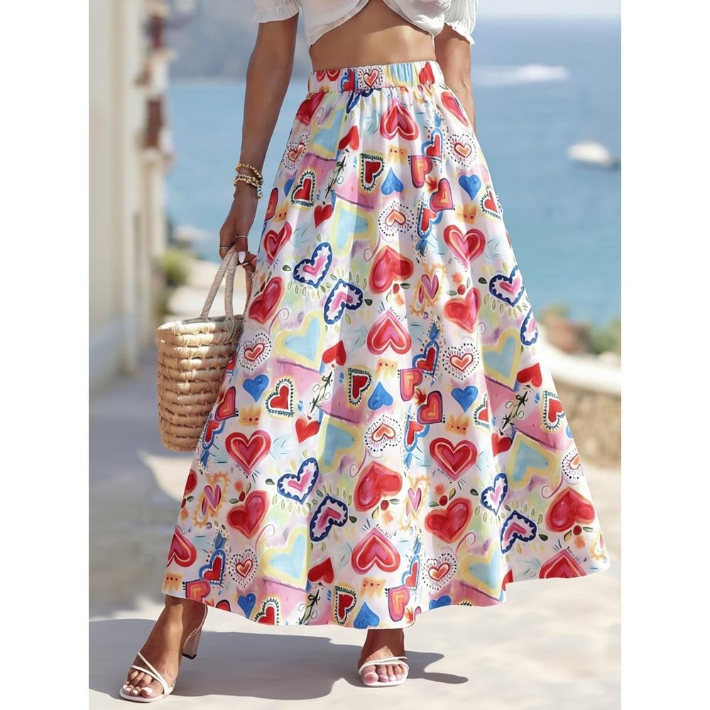 Women'S Floral Maxi Skirt Beach Vacation Style Elegant White Navy Blue Print Flowy Long Skirt