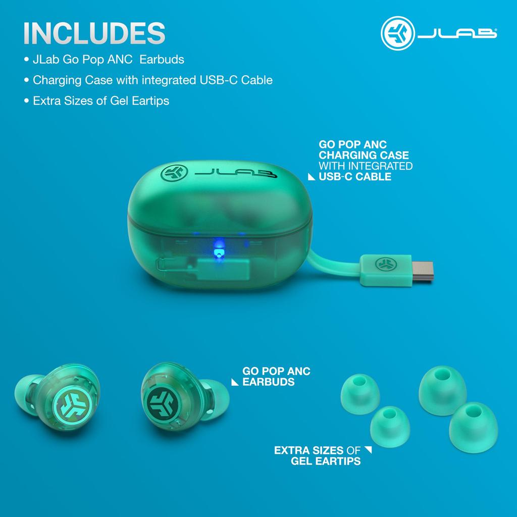 JLab Go Pop ANC Clear Teal Green Wireless Earbuds, Skeleton Color, Clear Teal Green, IP55 Dustproof and Water-Resistant, Active Noise Cancelling,