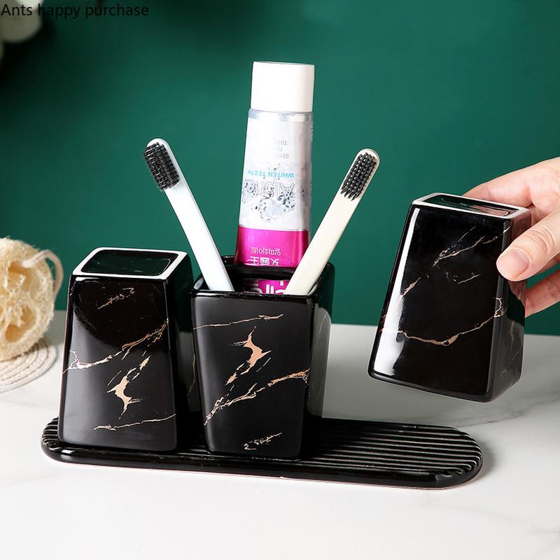 Marbling Ceramic Bathroom 5-piece Set with Tray Mouth Cup Set Bathroom Wash Supplies Lotion Bottle Toothbrush Holder Soap Dish