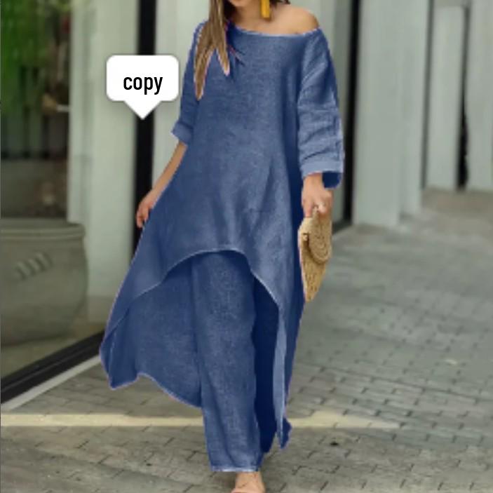 2023 Women's Plus Size Cotton Linen Two-Piece Set: Irregular Long Sleeve Top & Wide Leg Pants.