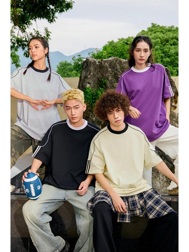 Unisex Color-Block Braided Cord Pull Tab Drop-Shoulder T-Shirt with Round Neck