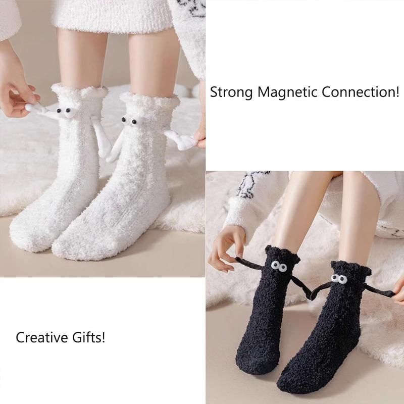 1 Pairs Couples Socks Plush Coral Fleece Thick Big Eyes Cartoon Floor Sleep Socks 3D Attracted Hands Magnetically