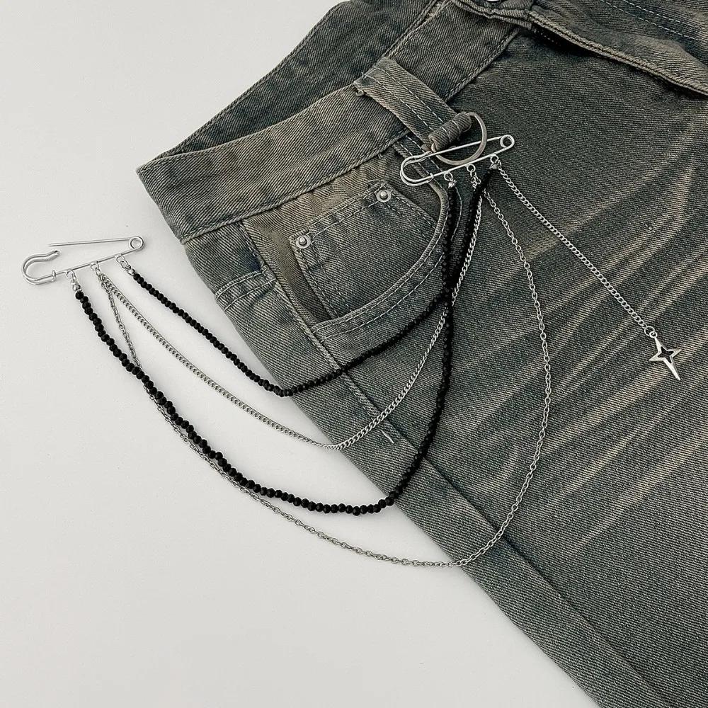 Hip-hop Personality Stars Pendant Multi-layer Tassel Chain Double Pins Brooches for Men Women Punk Fashion Dual-purpose Jewelry
