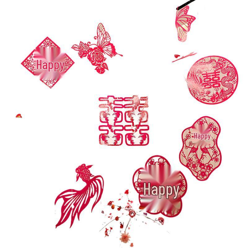 Double Happiness Wedding Room Decor Set: Non-Woven Fabric Papercut for Bride and Groom's Bedroom or Hotel.