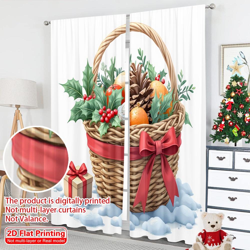 2pcs 2D Flat Printing Merry Christmas Popular Window Curtains Christmas Gift Basket Holly Berries_a 100% Polyester Fabric