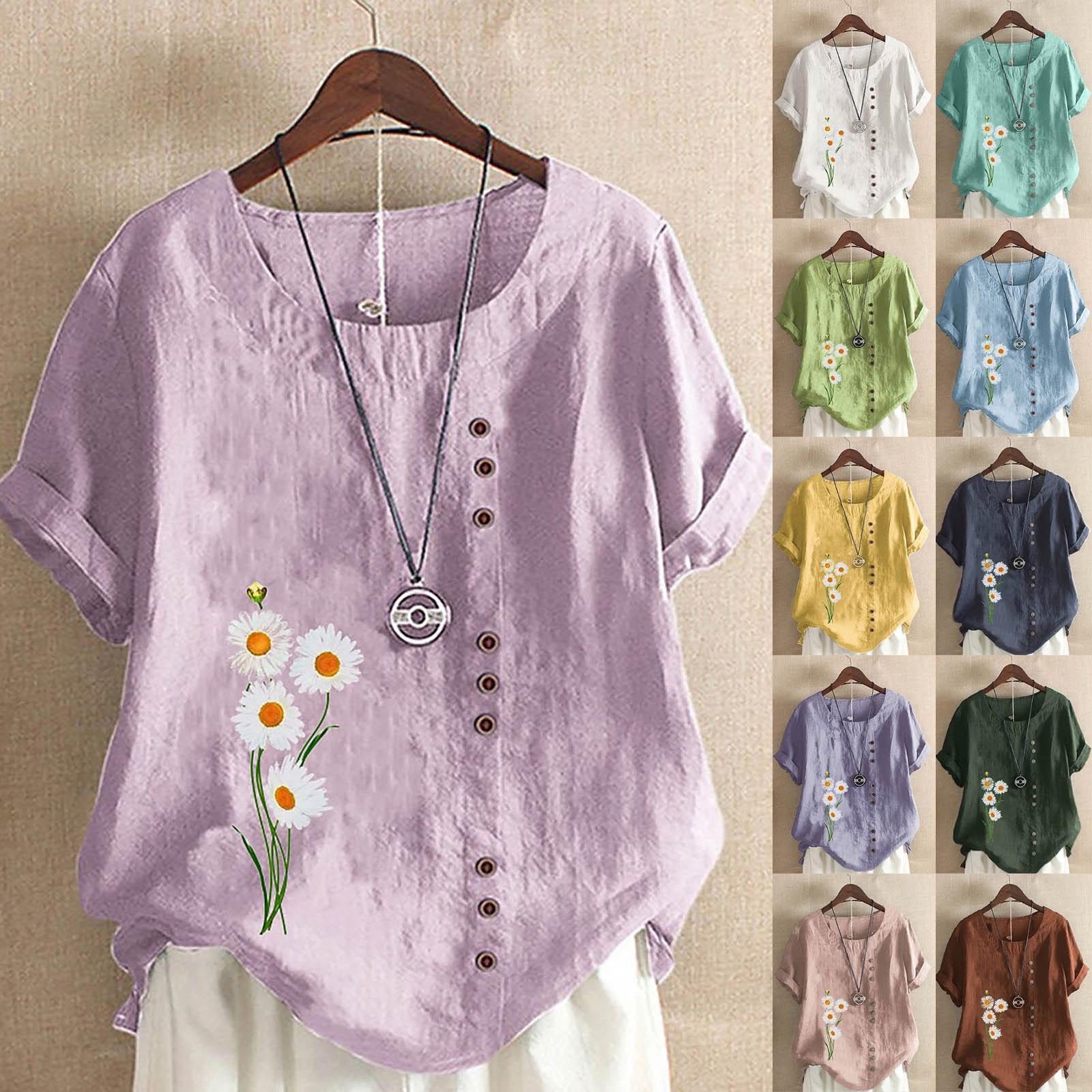 

Женский модный свободный топ с круглым вырезом из хлопка и льна с короткими рукавами и принтом