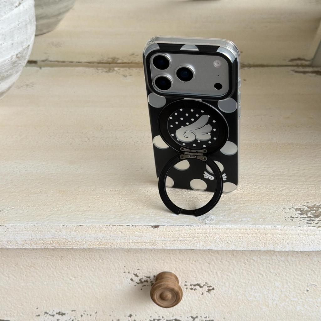 Apple 17 Pro Phone Case with Electroplated Rotating Stand, Fits 16 Pro Max/15 Pro, Polka Dot Korean Style