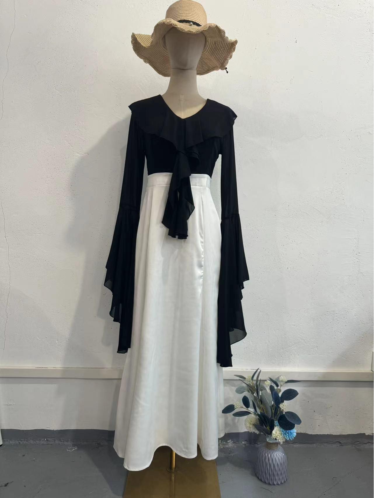 Autumn 2024 Bell Sleeve Ruffle Lace-up Dress - European & American Slim Fit with Patchwork Design Medium