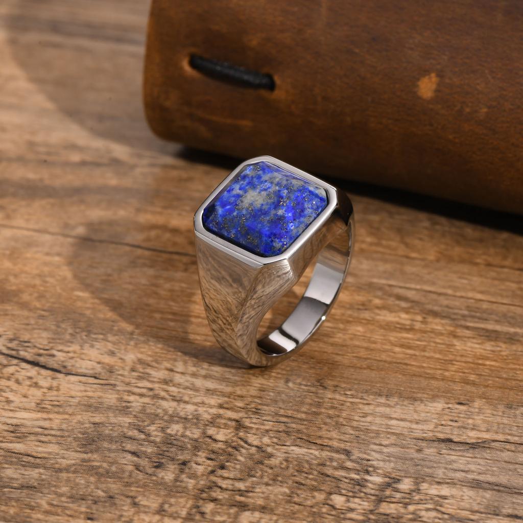 Rock Punk Geometric Square Natural Stone Signet Rings for Men, Stainless Steel Party Wear Finger Ring Gift Jewelry