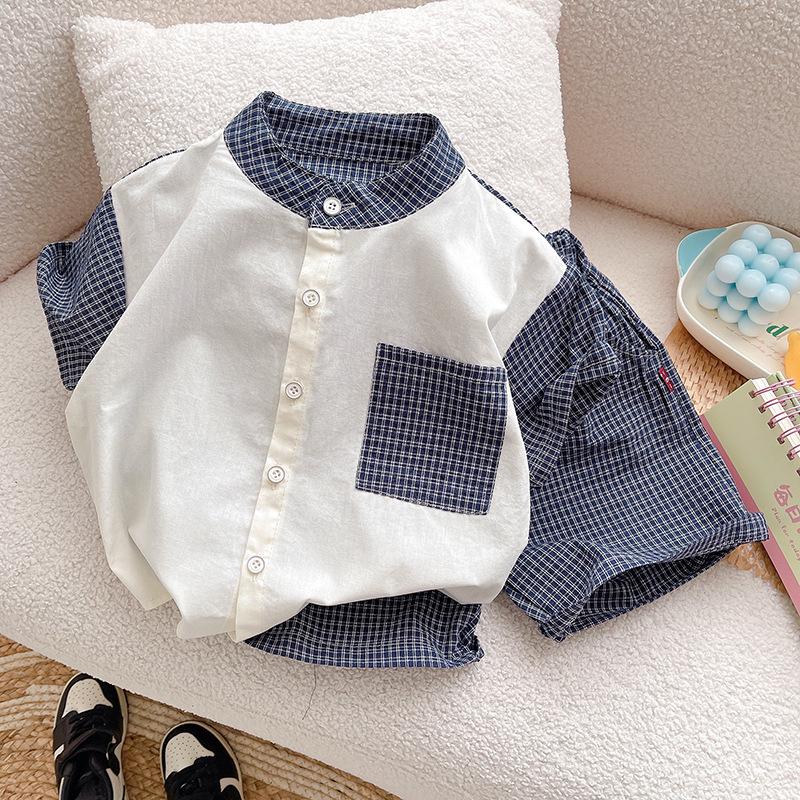 

Boys Plaid Pocket Summer Set: 2025 Short-Sleeve Two-Piece for Babies & Toddlers (1-5 Years) 100 cm синий