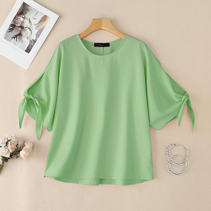 

ZANZEA Женская повседневная блузка с круглым вырезом, свободного кроя, со шнуровкой, с рукавом до локтя 5XL зелёный