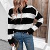 New Loose Warm Women's Round Neck Sweater Top Black and White Contrast Striped Knitted Pullover