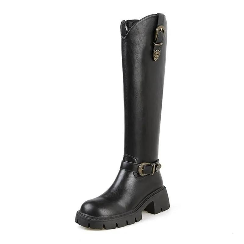Fashion Brown Western Cowboy Boots for Women Knee High Boots Metal Belt Buckle Thick Heel Thick Sole High Top Knight Boots