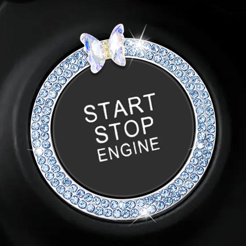 Rhinestone Crystal Butterfly Ring Car Ignition Button Decorative Cover Anti-Corrosion Easy To Install Car Accessories Interior
