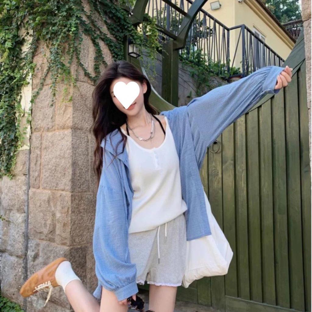 Korean Retro Striped Women's Blue Sun Protection Hooded Shirt Jacket for Summer 2025
