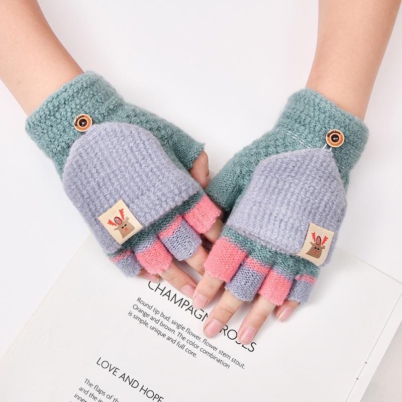Kids' Cartoon Knitted Flip-Top Fingerless Winter Gloves - Unisex, Warm, Velvet-Lined, Thickened
