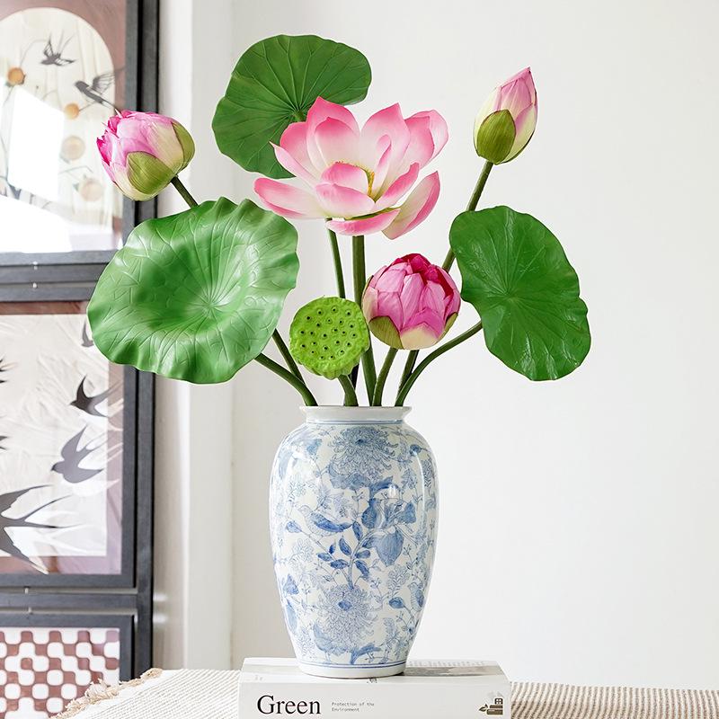 Chinese Lotus Artificial Flower Decoration for Living Room and Dining Table - Realistic Floral Arrangement with Lotus Leaf.