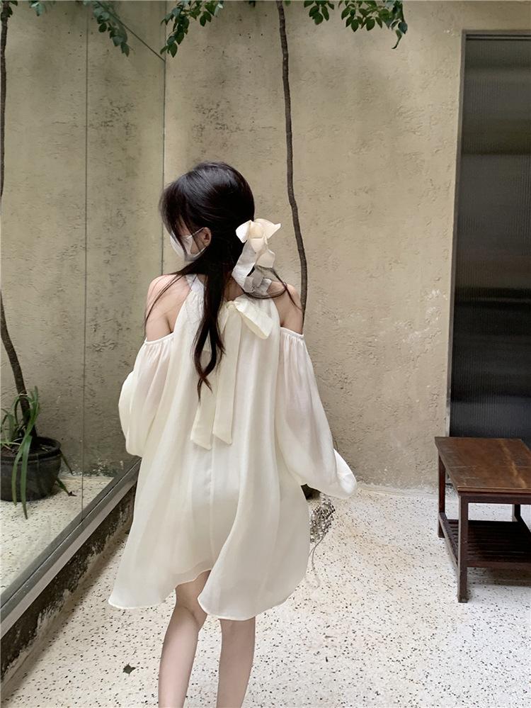 Women's Off-Shoulder Halter Neck White A-Line Dress - Autumn 2025 Fashion