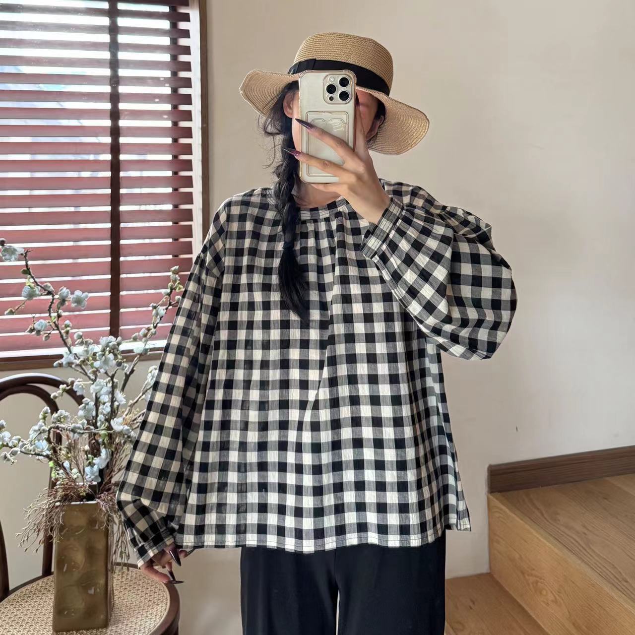 

Johnature Повседневные хлопковые свитера рубашки женские весна осень простые японские O-образные свободные женские блузки One Size чёрный