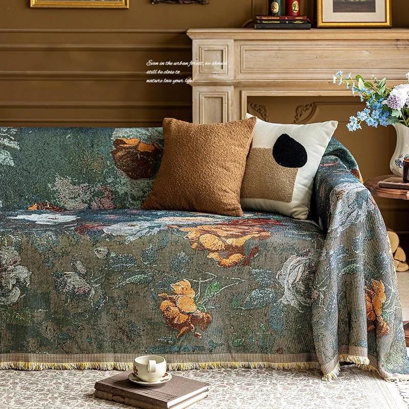 Retro Oil Painting Design Sofa Towel All Season Universal for Living Room Home Decor Tassel Sofa Cover Cloth Flowers Couch Towel