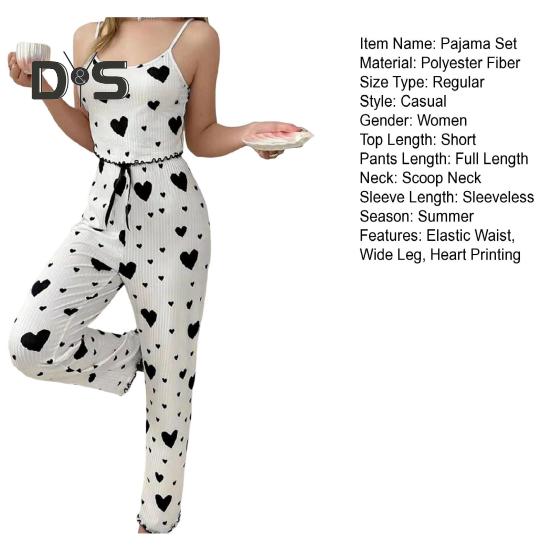 2 szt./zestaw piżamy damskiej bez rękawów z odkrytymi plecami marszczona góra z nadrukiem serca elastyczna talia szerokie nogawki bielizna nocna wiosna jesień odzież domowa