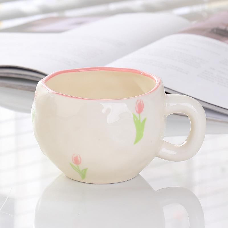 High Value Relief Flower Coffee Cup Saucer Afternoon Tea Floral Striped Mug Latte Cup Hand Painted Water Cup