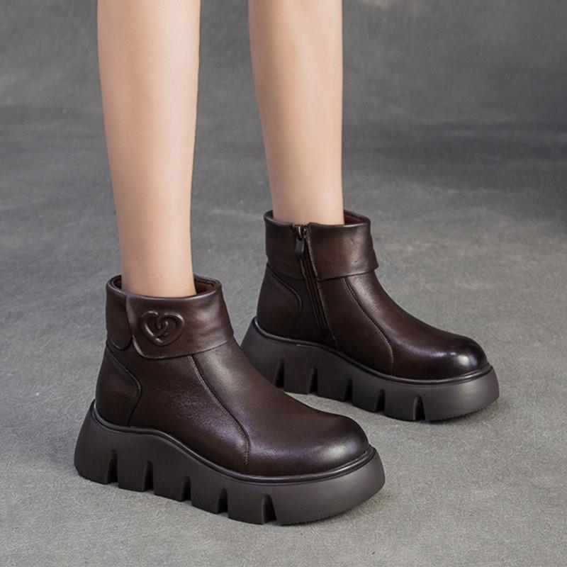 Johnature Warm Plush Women's Cotton Boots Retro Commuter Versatile Round Toe Thick Soled Ankle Boots