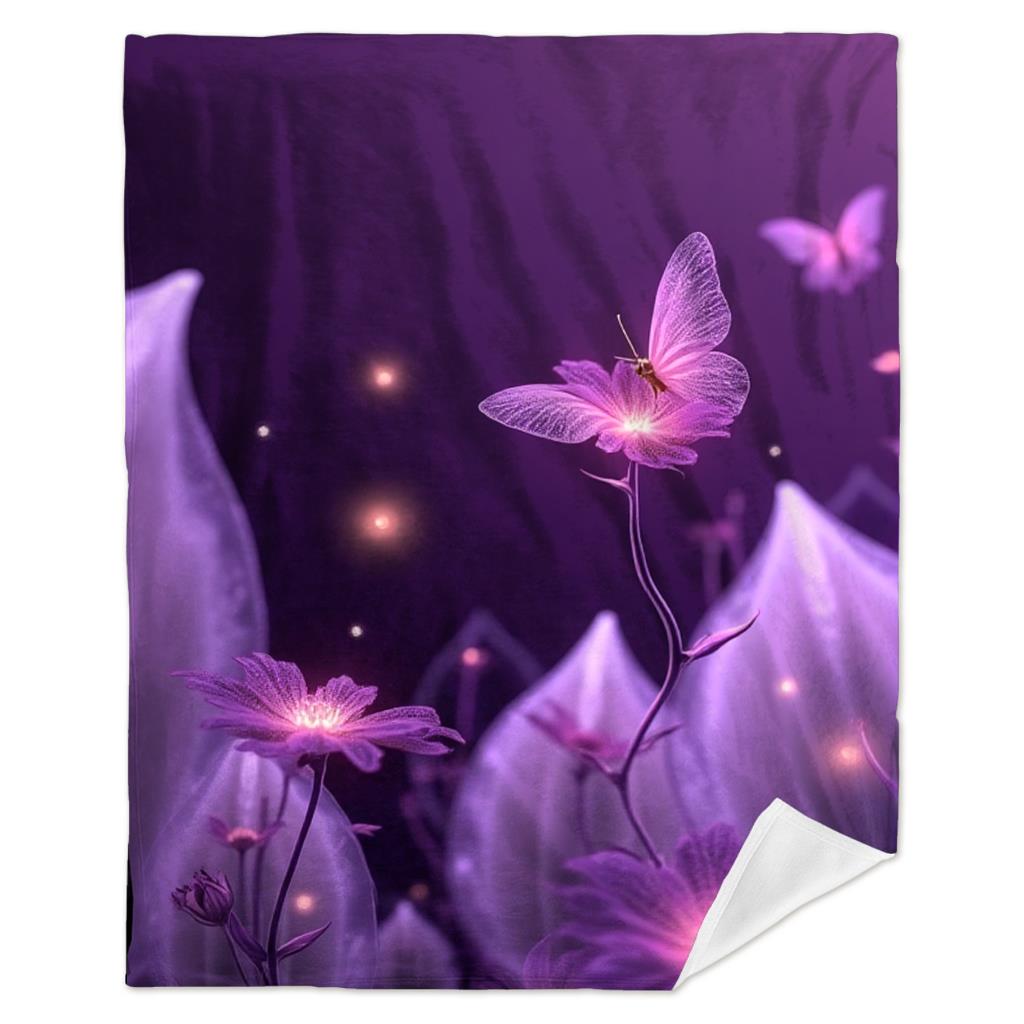 Purple Butterfly Blanket Magical Glowing Flowers And Butterflies Soft Fleece Throw Cozy Home Decor Gift For Fantasy And Nature