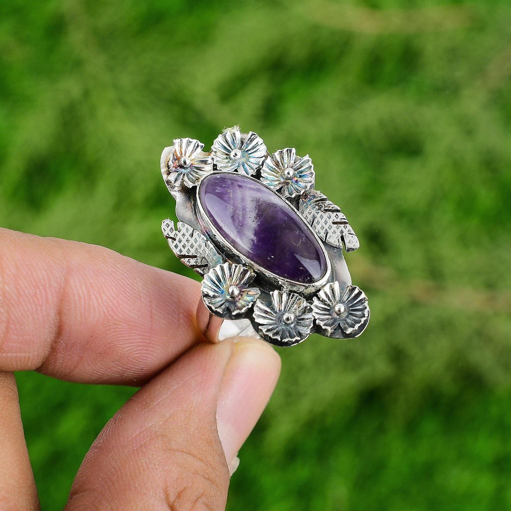 Natural Chevron Amethyst Promise Flower Adjustable Ring 925 Silver For Girls