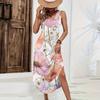 Women Sleeveless Floral Print Casual Loose Fit Long Dress Round Neck Side Slit Summer Maxi Dress for Daily Wear