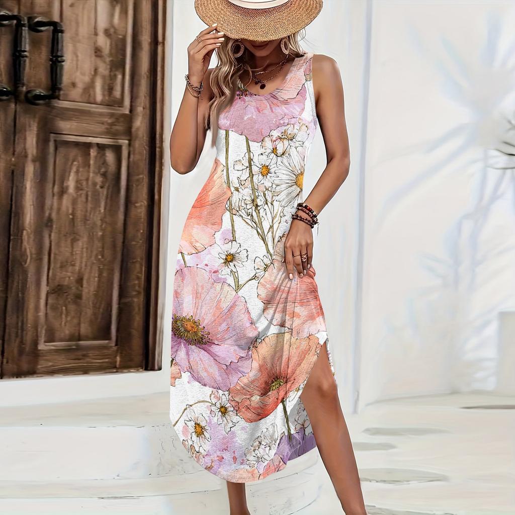 Women Sleeveless Floral Print Casual Loose Fit Long Dress Round Neck Side Slit Summer Maxi Dress for Daily Wear