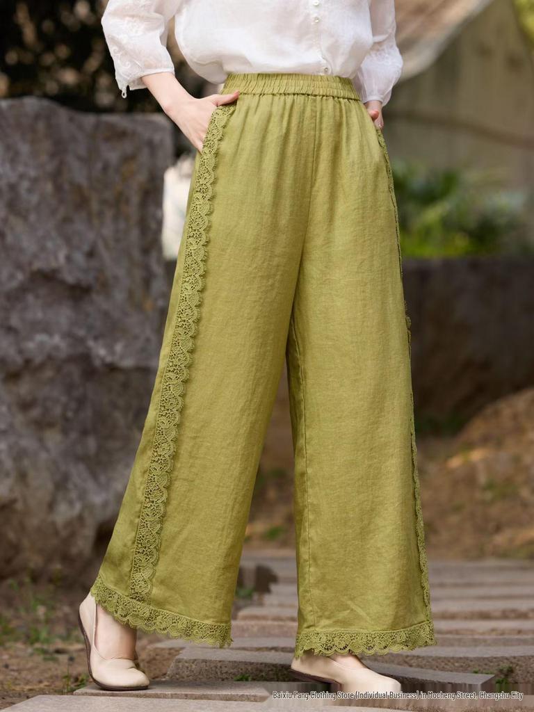 Women's Retro Wide-Leg Linen Pants - Elastic Waist, Lace Tie, Solid Color, Loose Fit
