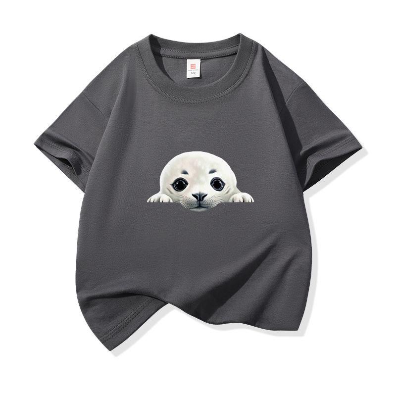 Kids Cotton T Shirt Cute Peeking Seal Print Crew Neck Short Sleeve Tee Casual Breathable Boys Girls Summer Tops