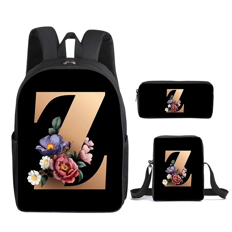 Fashion Novelty Flower letters A-Z 3D Print 3pcs/Set pupil School Bags Laptop Daypack Backpack Inclined shoulder bag Pencil Case