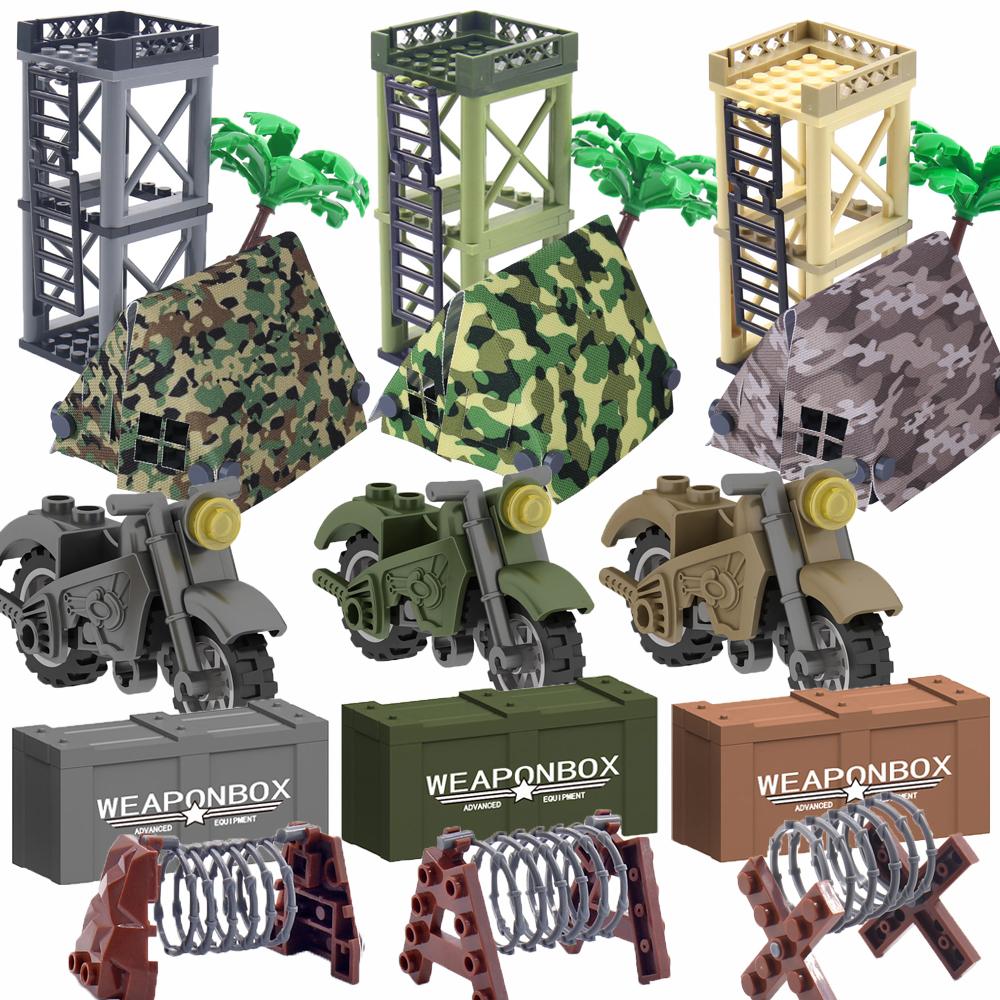 MOC Military War Accessories WW2 Soldier Building Blocks Roadblock Motorcycle Case Container Bag Brick Toy