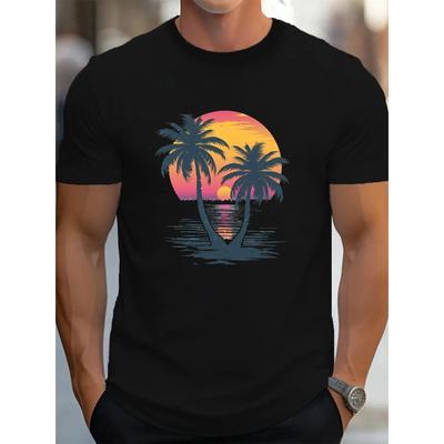 Men's Summer 100 Cotton Fashionable Casual Loose Fit Plus Size Sunset Coconut Tree Print Round Neck Short Sleeved T-shirt Top