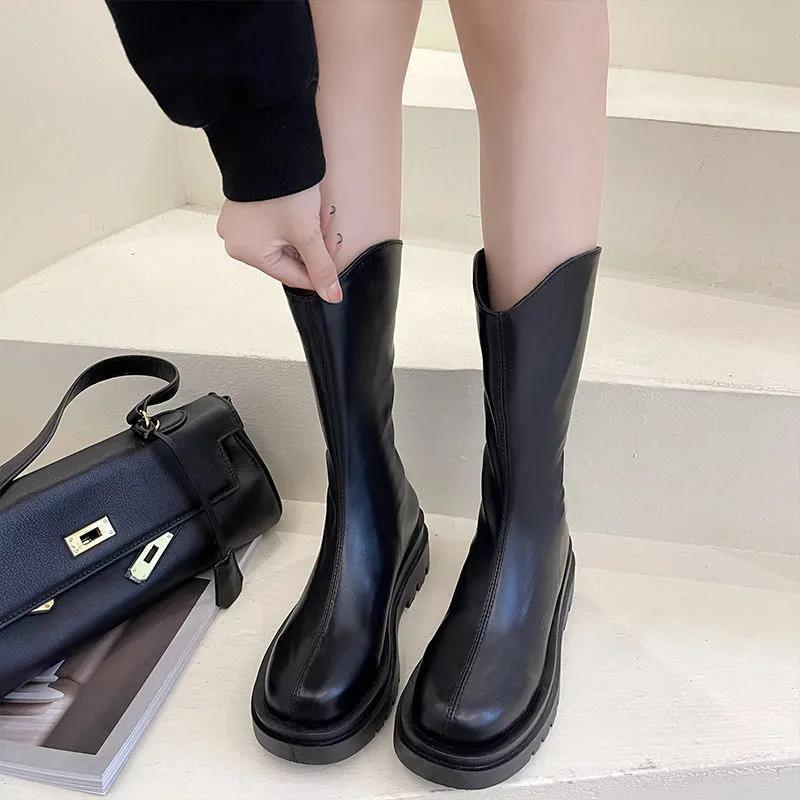 2021 autumn and winter new velvet black medium tube Martin boots women's British style thick-soled fashion versatile thin boots short boots
